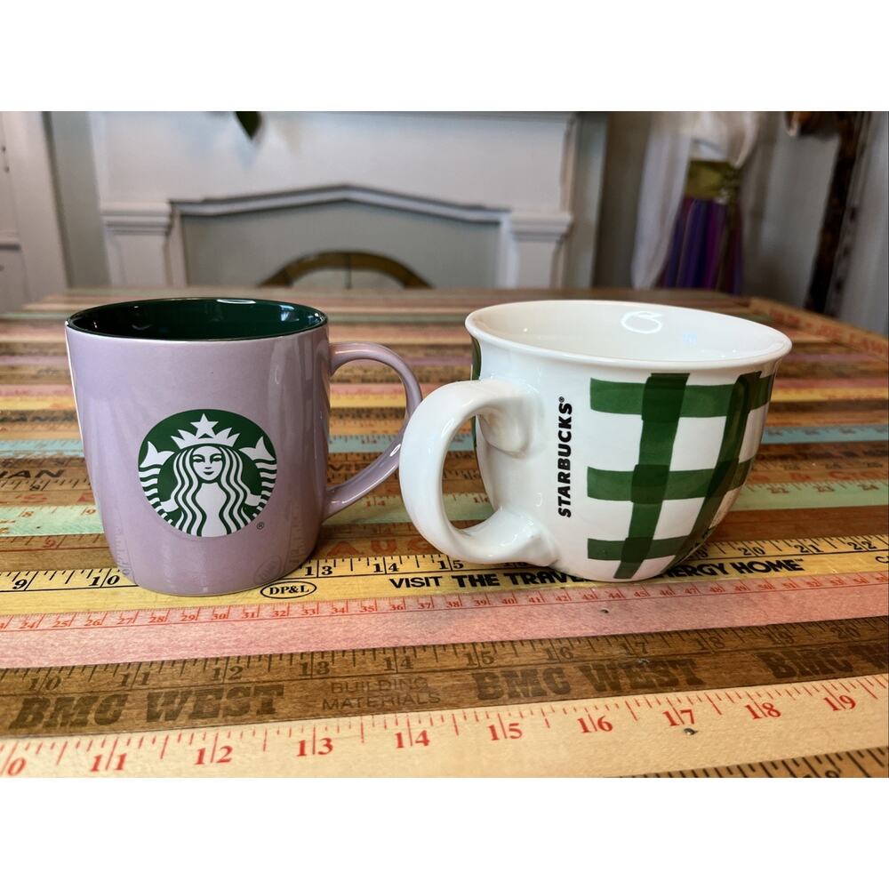 Starbucks Coffee LOT 2016 14oz Mug Cup Green Plaid Check Gingham Lilac Logo2025